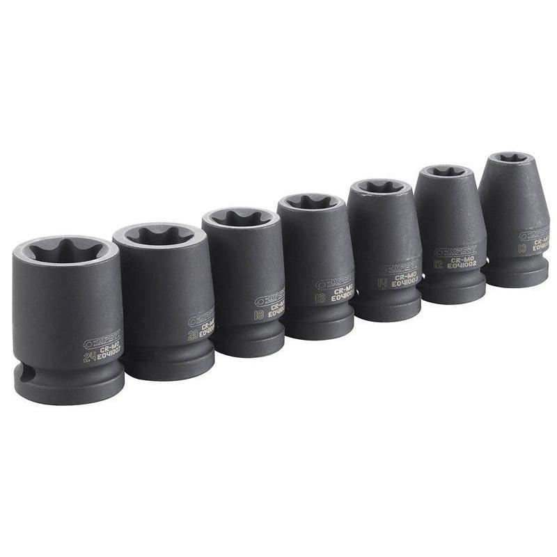E041605 - Set of 1/2" TORX®, impact sockets on a rail, E10 - E24