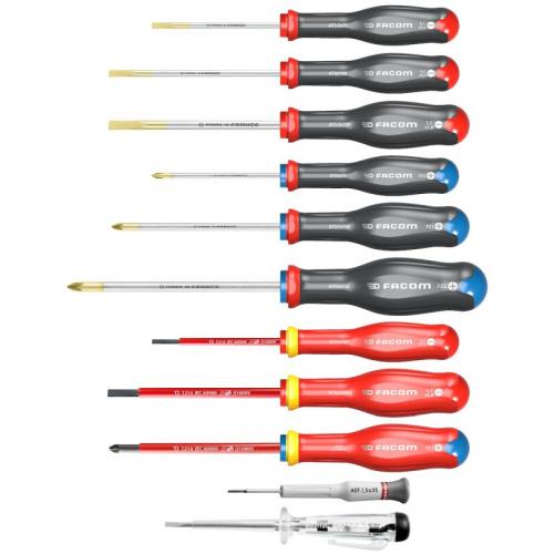 AT.11PB - Set of 11 screwdrivers Protwist® for slotted screws, screws Pozidriv®, isolated, Micro-Tech®, 1.5 - 5.5 mm, PZ0 - PZ2