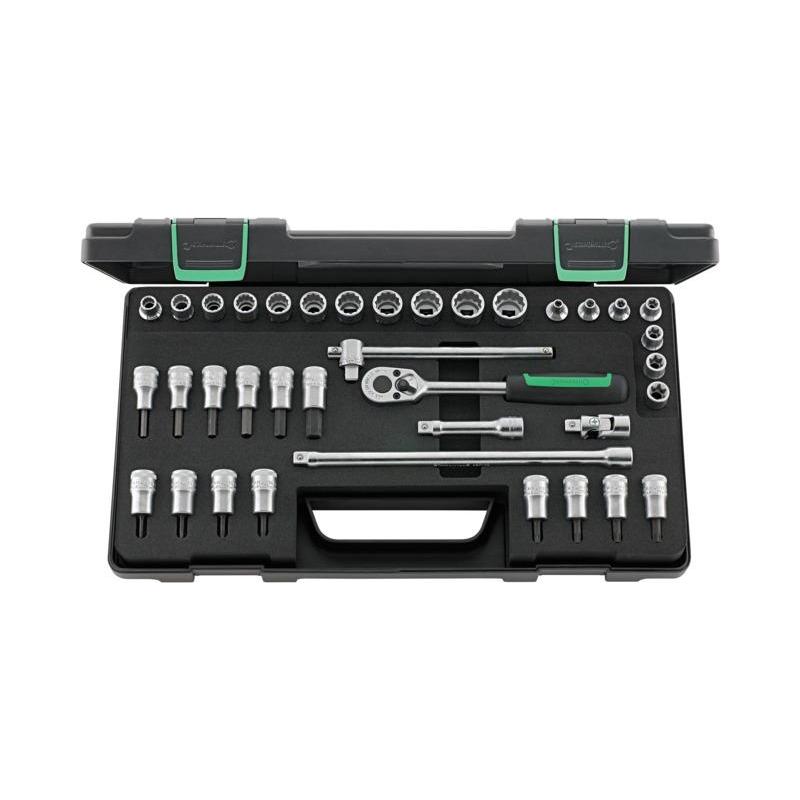 45/49/32/5TX - Zestaw nasadek 3/8" 8 - 19 mm, E5 - E14 i trzpieniowych 4 - 10 mm, T9 - T40, z grzechotką i akcesoriami (37 szt.)