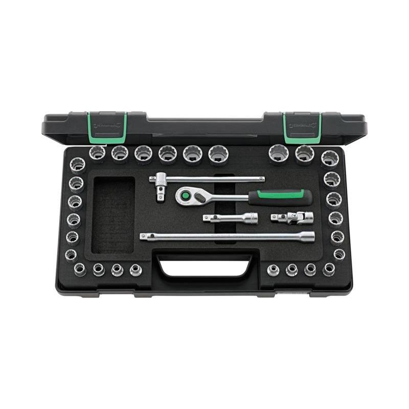 45MA/28/5QR - Zestaw nasadek 3/8" 12-kątnych, 7 - 22 mm, 1/4" - 7/8", z grzechotką i akcesoriami QR (33 szt.)