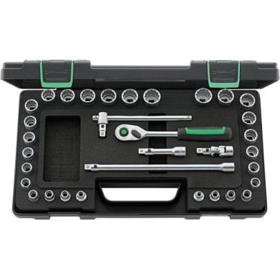 45MA/28/5QR - Zestaw nasadek 3/8" 12-kątnych, 7 - 22 mm, 1/4" - 7/8", z grzechotką i akcesoriami QR (33 szt.)