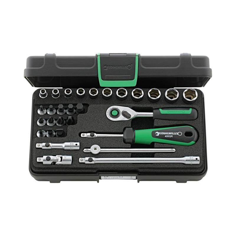 40/23/6QR - Zestaw nasadek 1/4" 6-kątnych 5 - 14 mm i trzpieniowych 3 - 8 mm, PH1 - PH4, z grzechotką i akcesoriami QR (29 szt.)