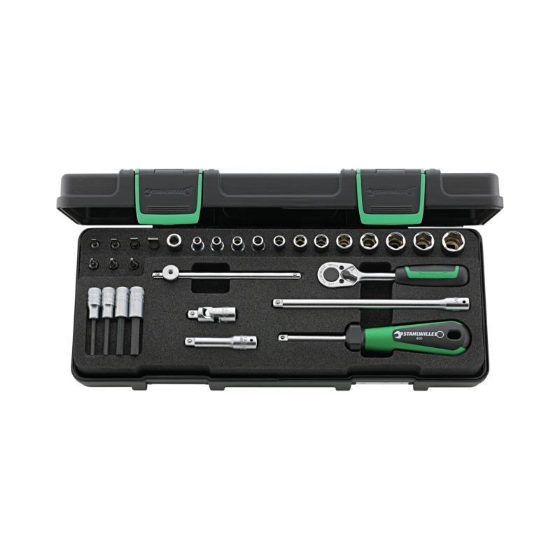 40/23/7 - Zestaw nasadek 1/4" 6-kątnych 4 - 13 mm i trzpieniowych 3 - 6 mm, z grzechotką i akcesoriami + bity (30 szt.)