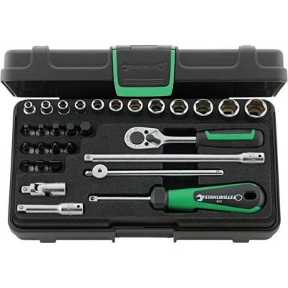 40/24/6 - Zestaw nasadek 1/4" 6-kątnych 4-14 mm i trzpieniowych 3-8 mm, PH1-PH2, PZ1-PZ2, z grzechotką i akcesoriami (30 szt.)