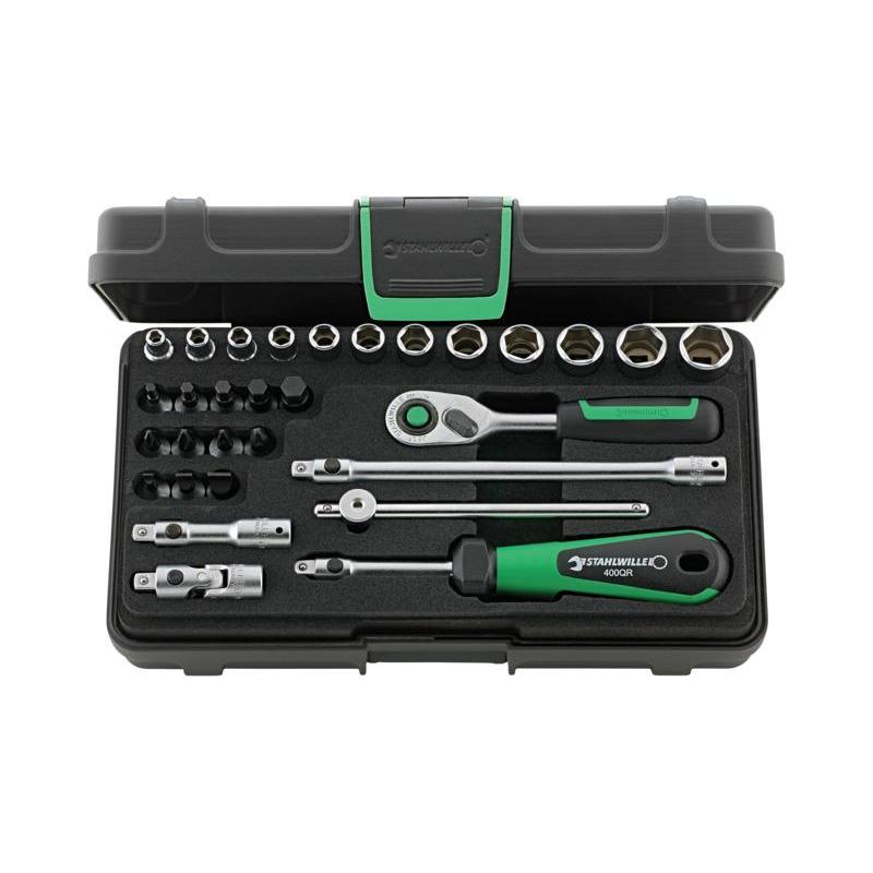 40/24/6QR - Zestaw nasadek 1/4" 6-kątnych 4-14mm i trzpieniowych 3-8mm, PH1-PH2, PZ1-PZ2, z grzechotką i akcesoriami QR (30szt.)