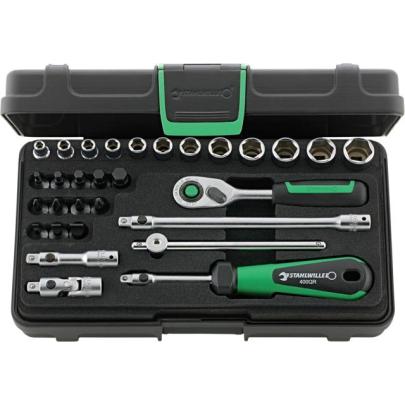 40/24/6QR - Zestaw nasadek 1/4" 6-kątnych 4-14mm i trzpieniowych 3-8mm, PH1-PH2, PZ1-PZ2, z grzechotką i akcesoriami QR (30szt.)