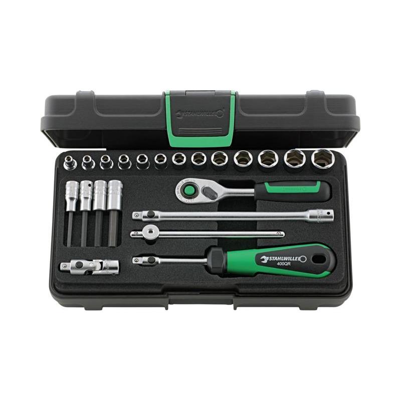 40/44/17/5QR - Zestaw nasadek 1/4" 6-kątnych 3,5 - 13 mm i trzpieniowych 3 - 6 mm, z grzechotką i akcesoriami QR (22 szt.)