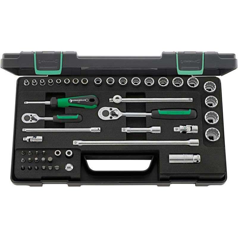 40/45/36/12 - Zestaw nasadek 1/4" 6-kątnych i 3/8" 12-kątnych, 4 - 22 mm, z grzechotką i akcesoriami + bity (48 szt.)