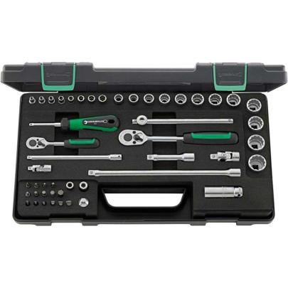 40/45/36/12 - Zestaw nasadek 1/4" 6-kątnych i 3/8" 12-kątnych, 4 - 22 mm, z grzechotką i akcesoriami + bity (48 szt.)