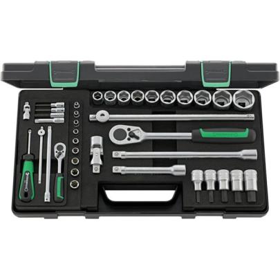 40/52/27/11 - Zestaw nasadek 1/4" i 1/2" 6-kątnych 4 - 30 mm i trzpieniowych 3 - 14 mm, z grzechotką i akcesoriami (38 szt.)