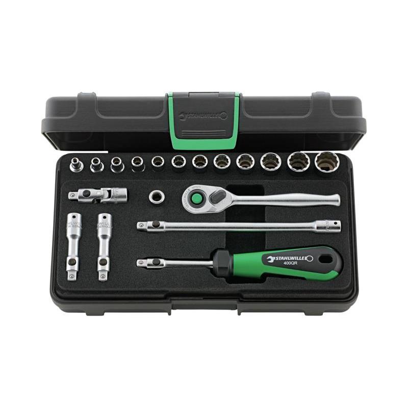 40AD/12/7QR - Zestaw nasadek 1/4" 12-kątnych, 5/32" - 9/16", z grzechotką i akcesoriami QR (19 szt.)