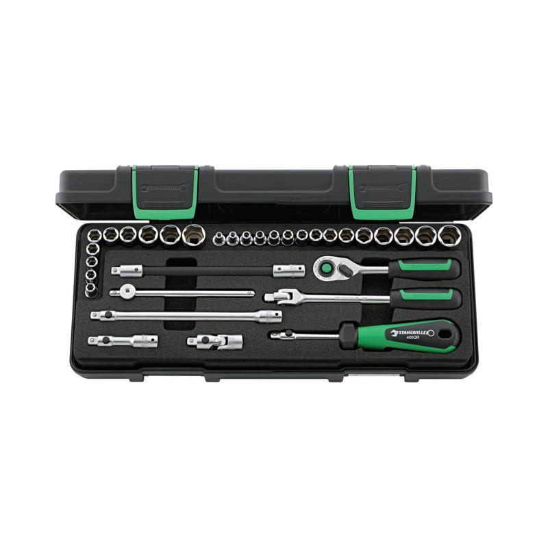 40MA/25/8QR - Zestaw nasadek 1/4" 6-kątnych, 3,2 - 14 mm, 3/16" - 9/16", z grzechotką i akcesoriami QR (33 szt.)