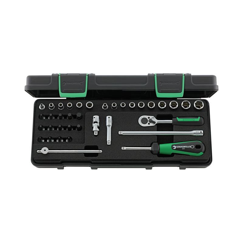 88TX - Zestaw nasadek 1/4" 6-kątnych 5 - 13 mm, Torx E4 - E10, trzpieniowych 3 - 8 mm, T8 - T40, z grzechotką i akcesoriami (36 