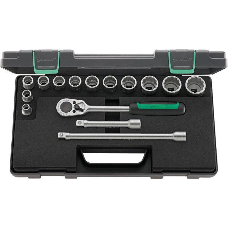 50/12/3 - Zestaw nasadek 1/2" 12-kątnych, 10 - 32 mm, z grzechotką i akcesoriami (15 szt.)