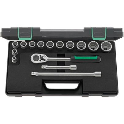 50/12/3 - Zestaw nasadek 1/2" 12-kątnych, 10 - 32 mm, z grzechotką i akcesoriami (15 szt.)