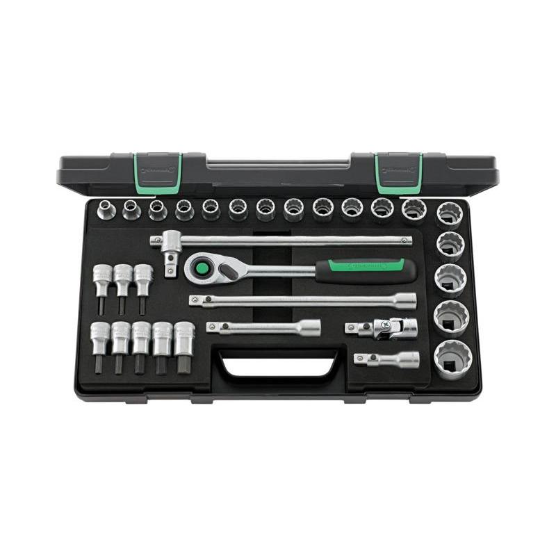 50/54/25/6QR - Zestaw nasadek 1/2" 12-kątnych 8 - 32 mm i trzpieniowych 4 - 14 mm, z grzechotką i akcesoriami QR (31 szt.)