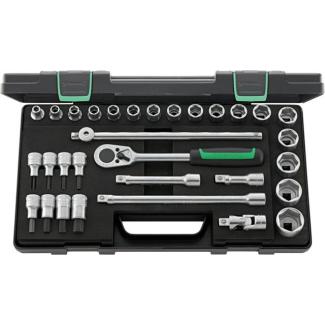 52/54/25/6 - Zestaw nasadek 1/2" 6-kątnych 8 - 32 mm i trzpieniowych 4 - 14 mm, z grzechotką i akcesoriami (31 szt.)