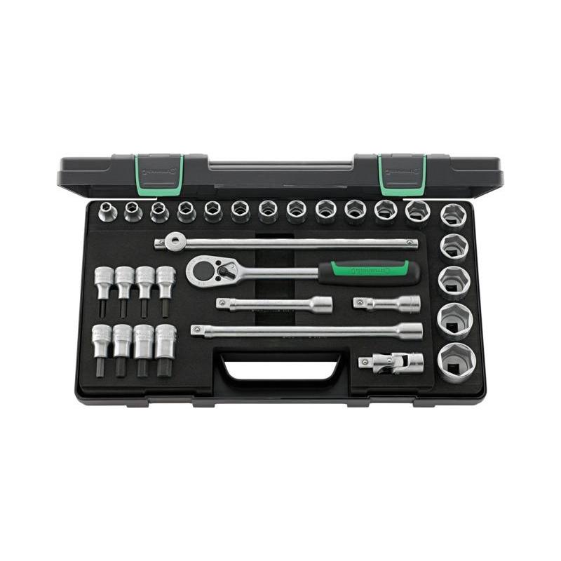 52/54/25/6 - Zestaw nasadek 1/2" 6-kątnych 8 - 32 mm i trzpieniowych 4 - 14 mm, z grzechotką i akcesoriami (31 szt.)