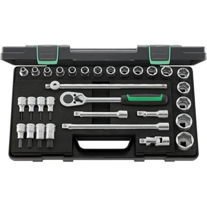 52/54/25/6 - Zestaw nasadek 1/2" 6-kątnych 8 - 32 mm i trzpieniowych 4 - 14 mm, z grzechotką i akcesoriami (31 szt.)