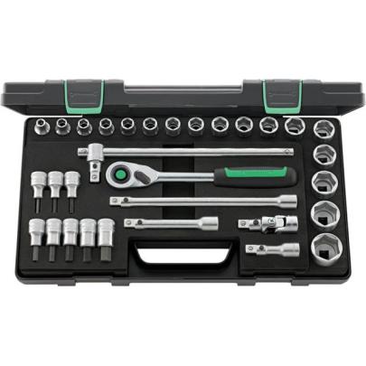 52/54/25/6QR - Zestaw nasadek 1/2" 6-kątnych 8 - 32 mm i trzpieniowych 4 - 14 mm, z grzechotką i akcesoriami QR (31 szt.)