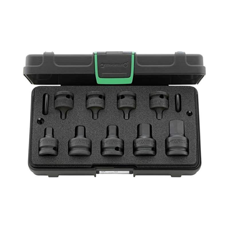 54IMP/9 - Zestaw nasadek udarowych 1/2" trzpieniowych 6-kątnych, 5 - 19 mm + akcesoria (13 szt.)