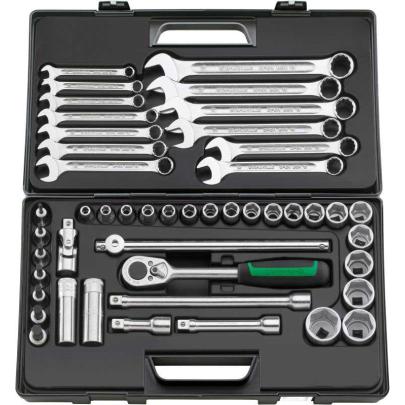 876 - Zestaw nasadek 1/2" 6-kątnych 8-34 mm i trzpieniowych 4-12 mm, z grzechotką i akcesoriami + klucze oczkowo-płaskie 10-24mm