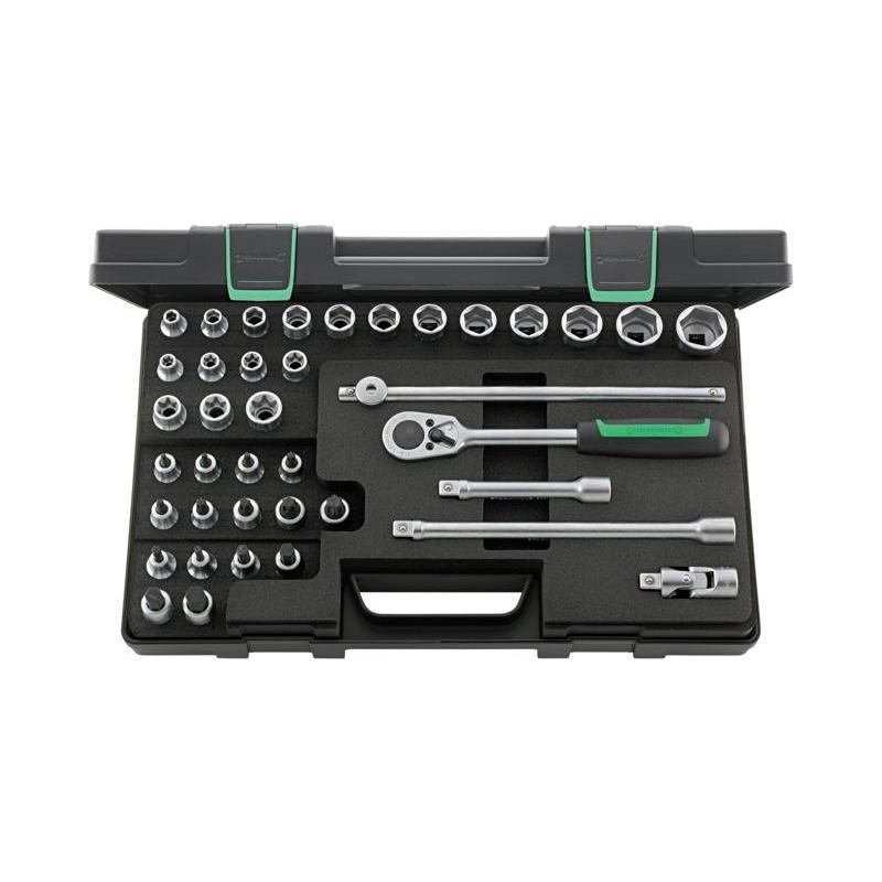 876TX - Zestaw nasadek 1/2" 6-kątnych 8-30mm, Torx E10-E24 i trzpieniowych 5-14mm, T20-T60, z grzechotką i akcesoriami (39 szt.)