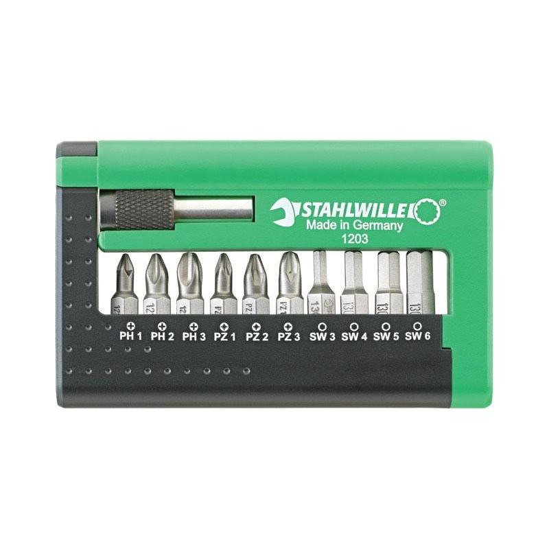 1203 - Zestaw bitów do śrub Phillips, Pozidriv i Hex + uchwyt, PH1 - PH3, PZ1 - PZ3, 3 - 6 mm  (11 szt.)