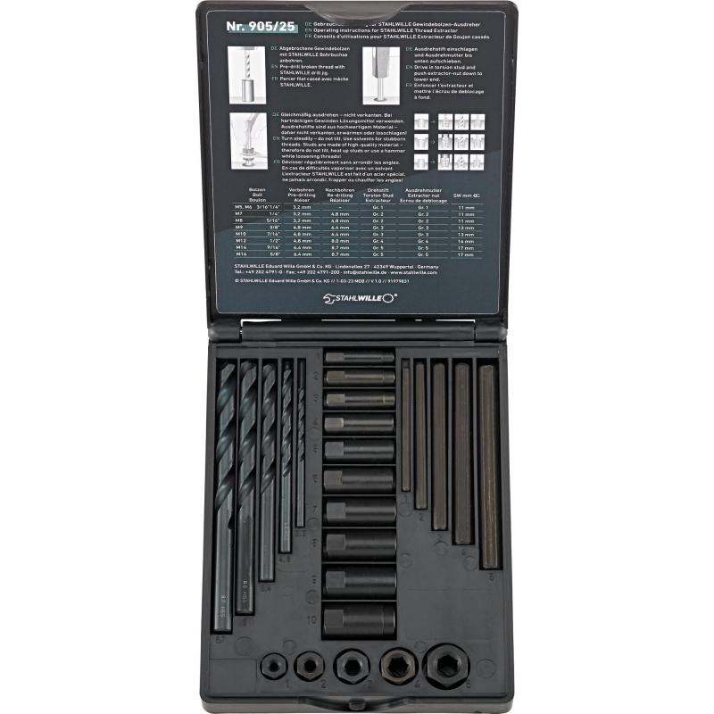 905/25 - Zestaw narzędzi do wykręcania urwanych śrub, M5 - M16, 3/16" - 5/8" (25 szt.)