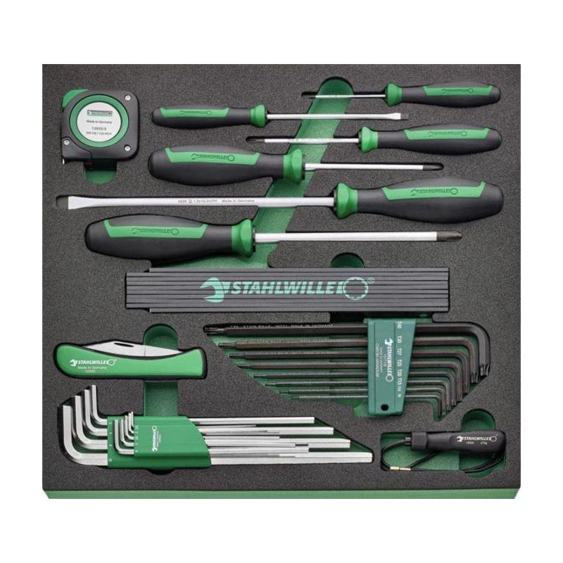 TCS 5 821/27 - Moduł wkrętaków do śrub z rowkiem i Phillips + klucze trzpieniowe, miara, nóż do kabli (27 szt.) wkładka piankowa