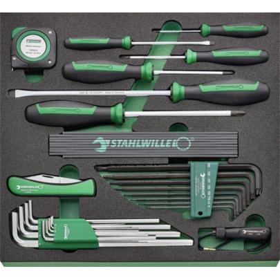 TCS 5 821/27 - Moduł wkrętaków do śrub z rowkiem i Phillips + klucze trzpieniowe, miara, nóż do kabli (27 szt.) wkładka piankowa