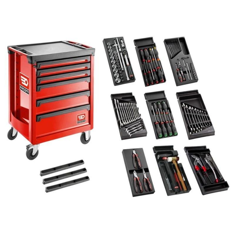 SL.ROLL.6M3 - Wózek warsztatowy z wyposażeniem, 9 modułów plastikowych, czerwony