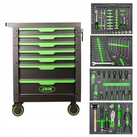 54389 - Wózek narzędziowy z wyposażeniem, 7 szuflad, zielony