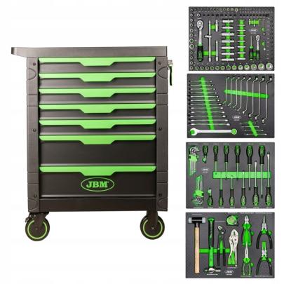 54389 - Wózek narzędziowy z wyposażeniem, 7 szuflad, zielony