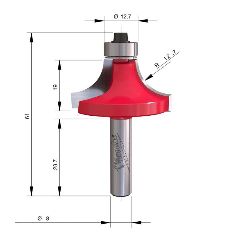 4932501030 - Frez do zaokrąglania krawędzi do drewna z węglikiem spiekanym, trzpień 8 mm, R12,7, 38,1 x 19/61 mm