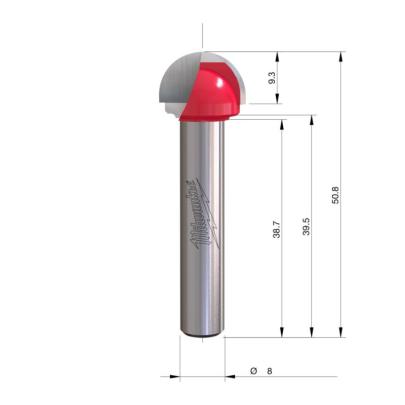 4932500970 - Carbide-tipped wood rounding cutter, 8 mm shank, R8, 15.8 x 9.3/50.8 mm
