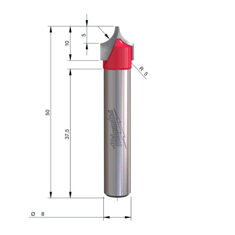 4932500962 - Decorative carbide-tipped wood router bit, 8 mm shank, R5, 10/1.3 x 10/50 mm